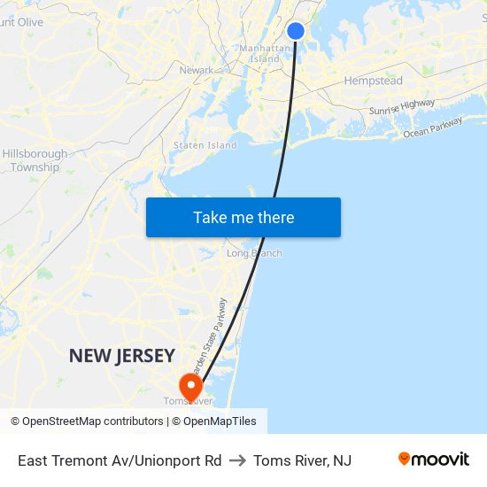 East Tremont Av/Unionport Rd to Toms River, NJ map