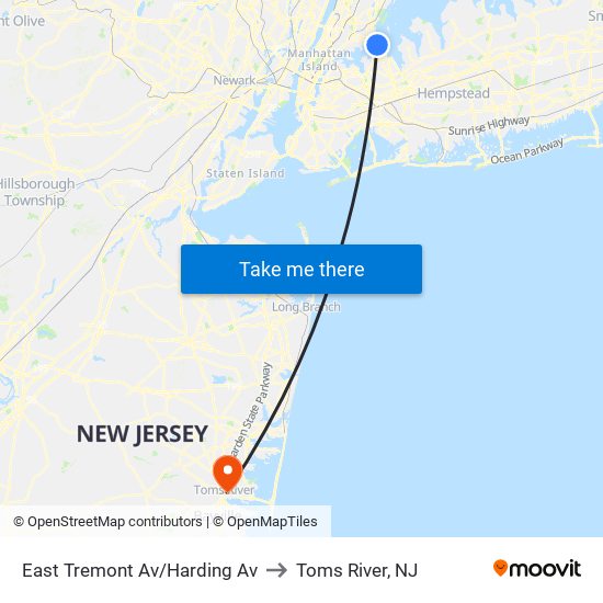 East Tremont Av/Harding Av to Toms River, NJ map