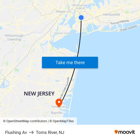 Flushing Av to Toms River, NJ map