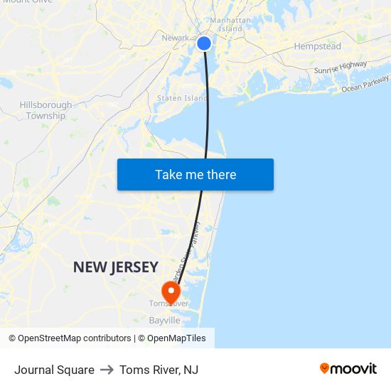 Journal Square to Toms River, NJ map