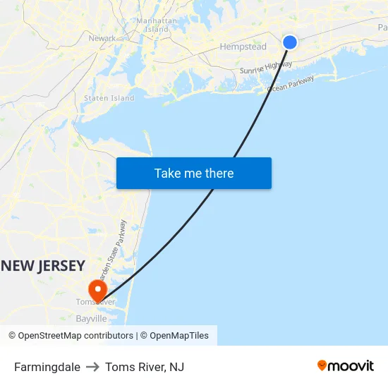 Farmingdale to Toms River, NJ map