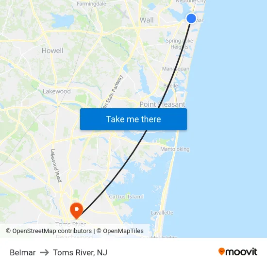 Belmar to Toms River, NJ map