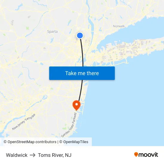 Waldwick to Toms River, NJ map