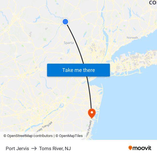 Port Jervis to Toms River, NJ map
