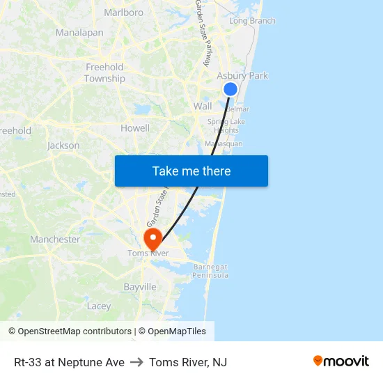 Rt-33 at Neptune Ave to Toms River, NJ map
