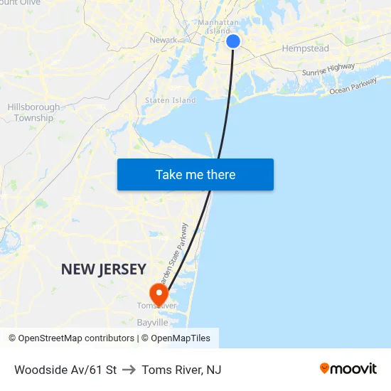 Woodside Av/61 St to Toms River, NJ map