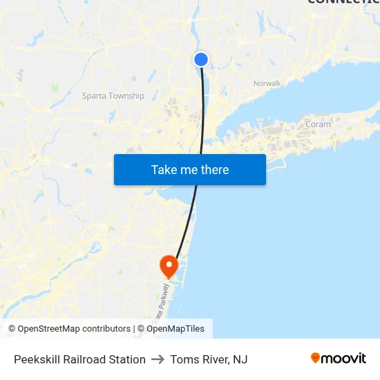 Peekskill Railroad Station to Toms River, NJ map