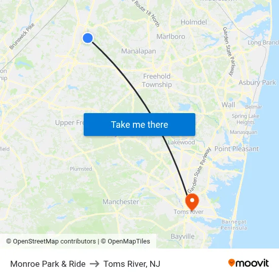 Monroe Park & Ride to Toms River, NJ map