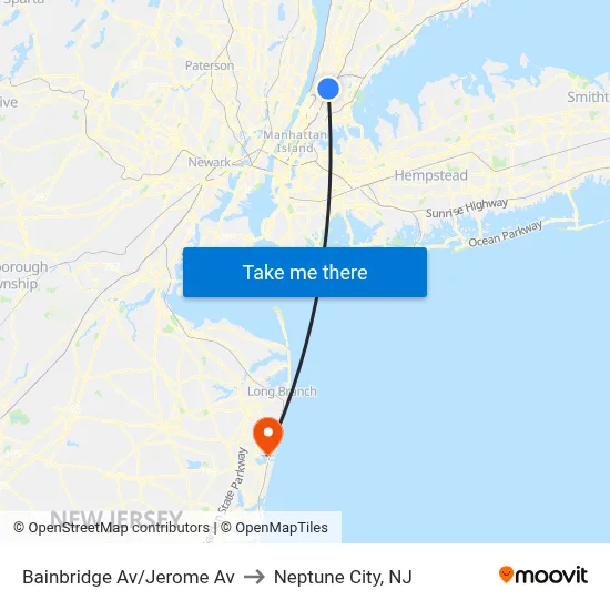 Bainbridge Av/Jerome Av to Neptune City, NJ map