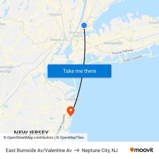 East Burnside Av/Valentine Av to Neptune City, NJ map