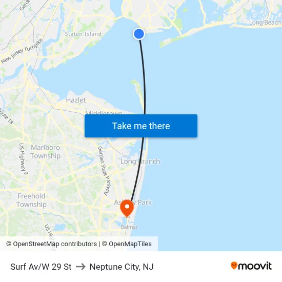 Surf Av/W 29 St to Neptune City, NJ map
