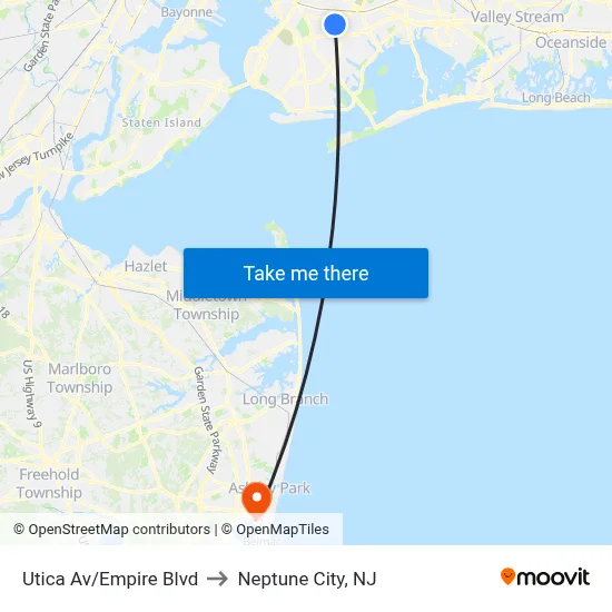 Utica Av/Empire Blvd to Neptune City, NJ map