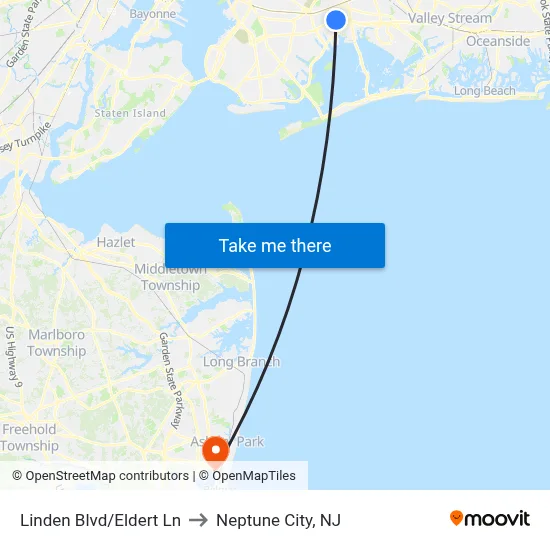 Linden Blvd/Eldert Ln to Neptune City, NJ map