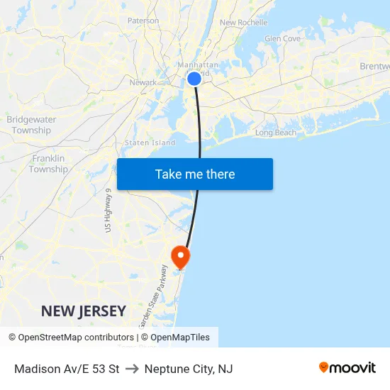 Madison Av/E 53 St to Neptune City, NJ map
