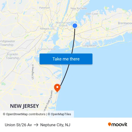 Union St/26 Av to Neptune City, NJ map