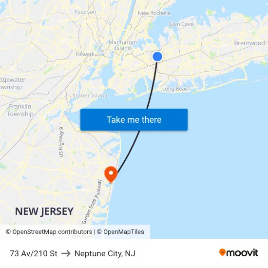 73 Av/210 St to Neptune City, NJ map