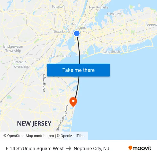 E 14 St/Union Square West to Neptune City, NJ map