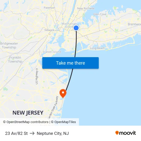 23 Av/82 St to Neptune City, NJ map