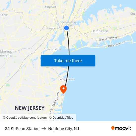 34 St-Penn Station to Neptune City, NJ map