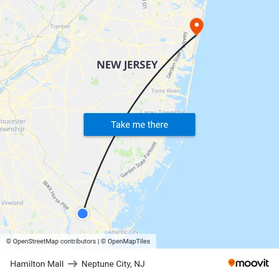 Hamilton Mall to Neptune City, NJ map