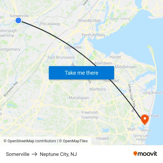 Somerville to Neptune City, NJ map
