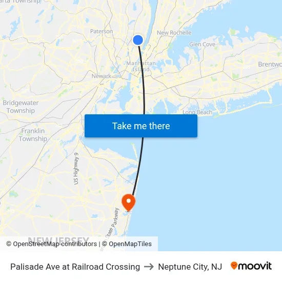 Palisade Ave at Railroad Crossing to Neptune City, NJ map