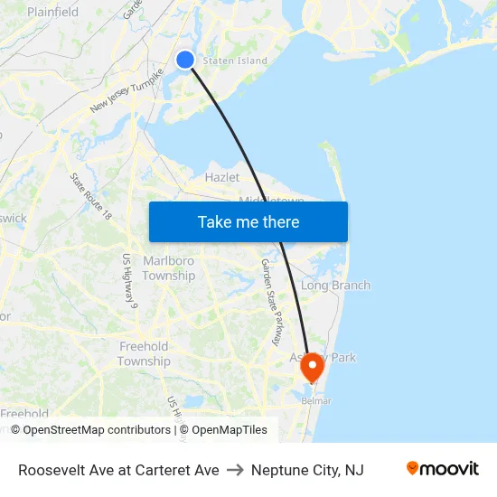 Roosevelt Ave at Carteret Ave to Neptune City, NJ map