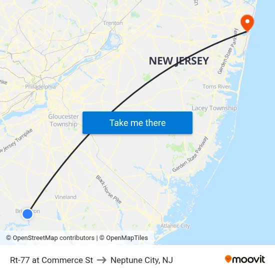 Rt-77 at Commerce St to Neptune City, NJ map