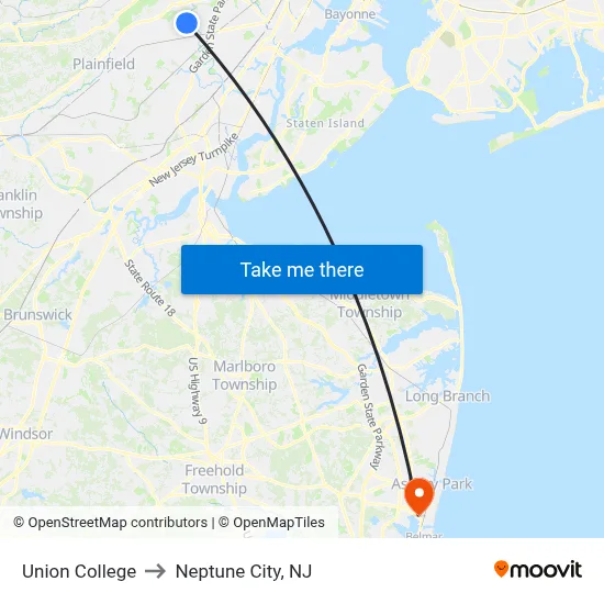 Union College to Neptune City, NJ map