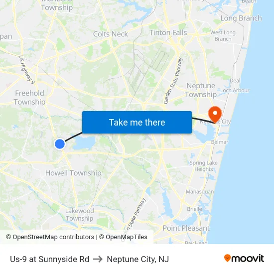 Us-9 at Sunnyside Rd to Neptune City, NJ map