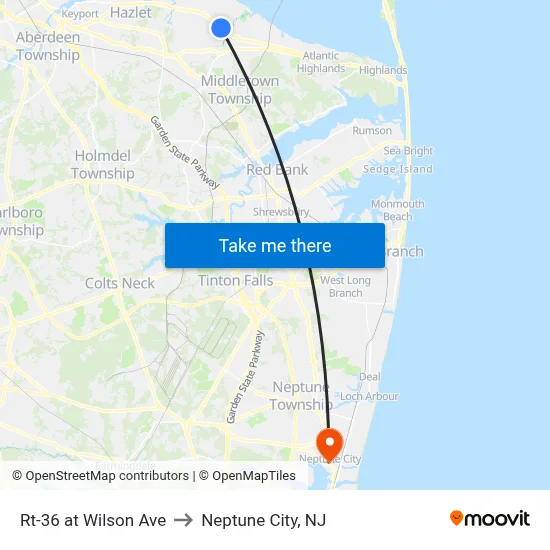 Rt-36 at Wilson Ave to Neptune City, NJ map