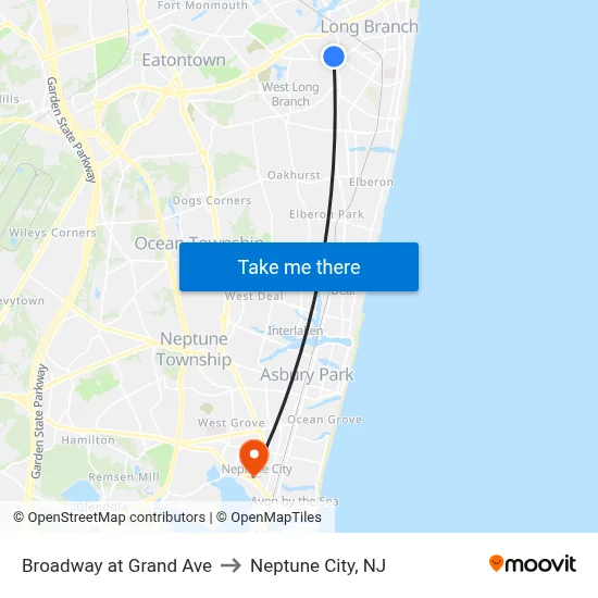 Broadway at Grand Ave to Neptune City, NJ map