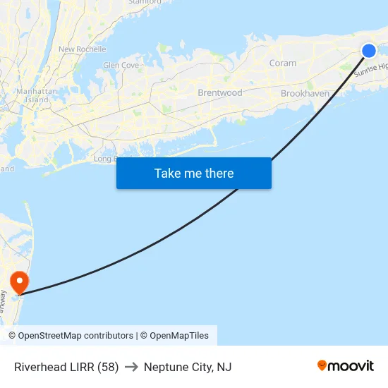 Riverhead LIRR (58) to Neptune City, NJ map