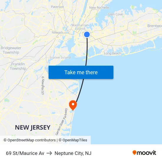 69 St/Maurice Av to Neptune City, NJ map