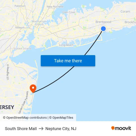 South Shore Mall to Neptune City, NJ map