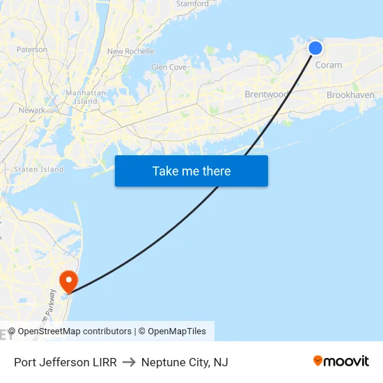 Port Jefferson LIRR to Neptune City, NJ map