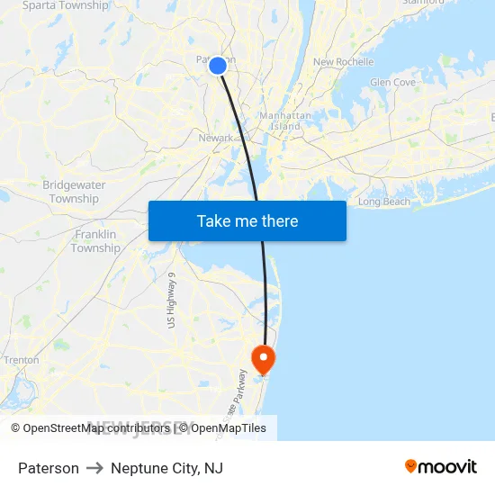 Paterson to Neptune City, NJ map