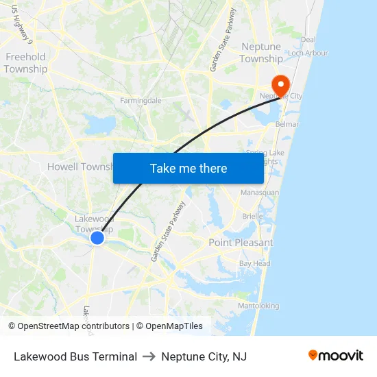 Lakewood Bus Terminal to Neptune City, NJ map