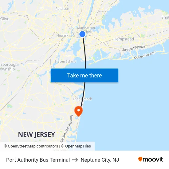 Port Authority Bus Terminal to Neptune City, NJ map