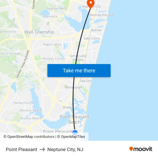 Point Pleasant to Neptune City, NJ map