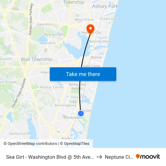 Sea Girt - Washington Blvd @ 5th Ave (Northbound) to Neptune City, NJ map