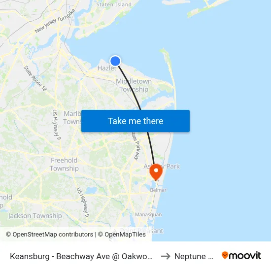 Keansburg -  Beachway Ave @ Oakwood Pl (Northbound) to Neptune City, NJ map