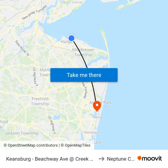Keansburg -  Beachway Ave @ Creek Rd (Northbound) to Neptune City, NJ map