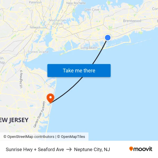 Sunrise Hwy + Seaford Ave to Neptune City, NJ map