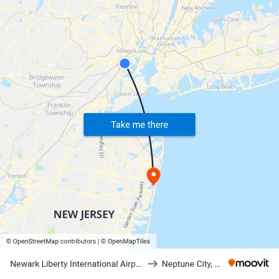Newark Liberty International Airport to Neptune City, NJ map