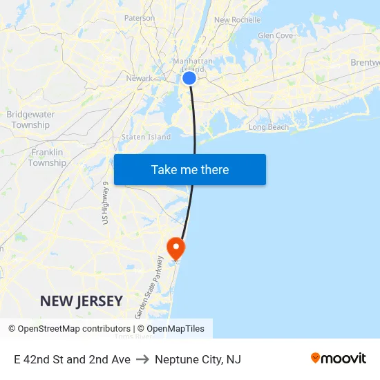 E 42nd St and 2nd Ave to Neptune City, NJ map