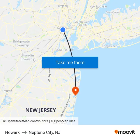 Newark to Neptune City, NJ map