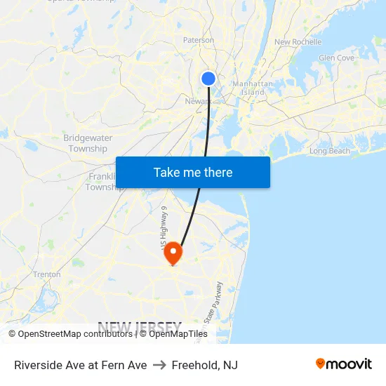 Riverside Ave at Fern Ave to Freehold, NJ map