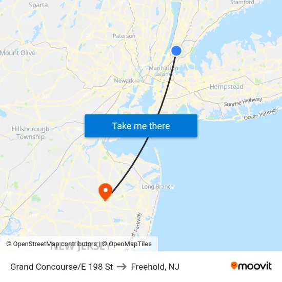 Grand Concourse/E 198 St to Freehold, NJ map