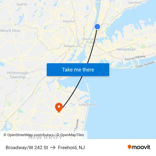 Broadway/W 242 St to Freehold, NJ map
